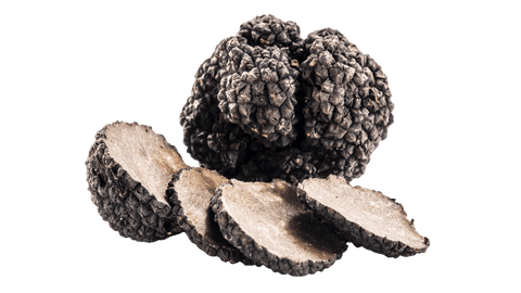 Trufa fresca negra fresca entera y láminas cortadas de Tuber Melanosporum de Aragón